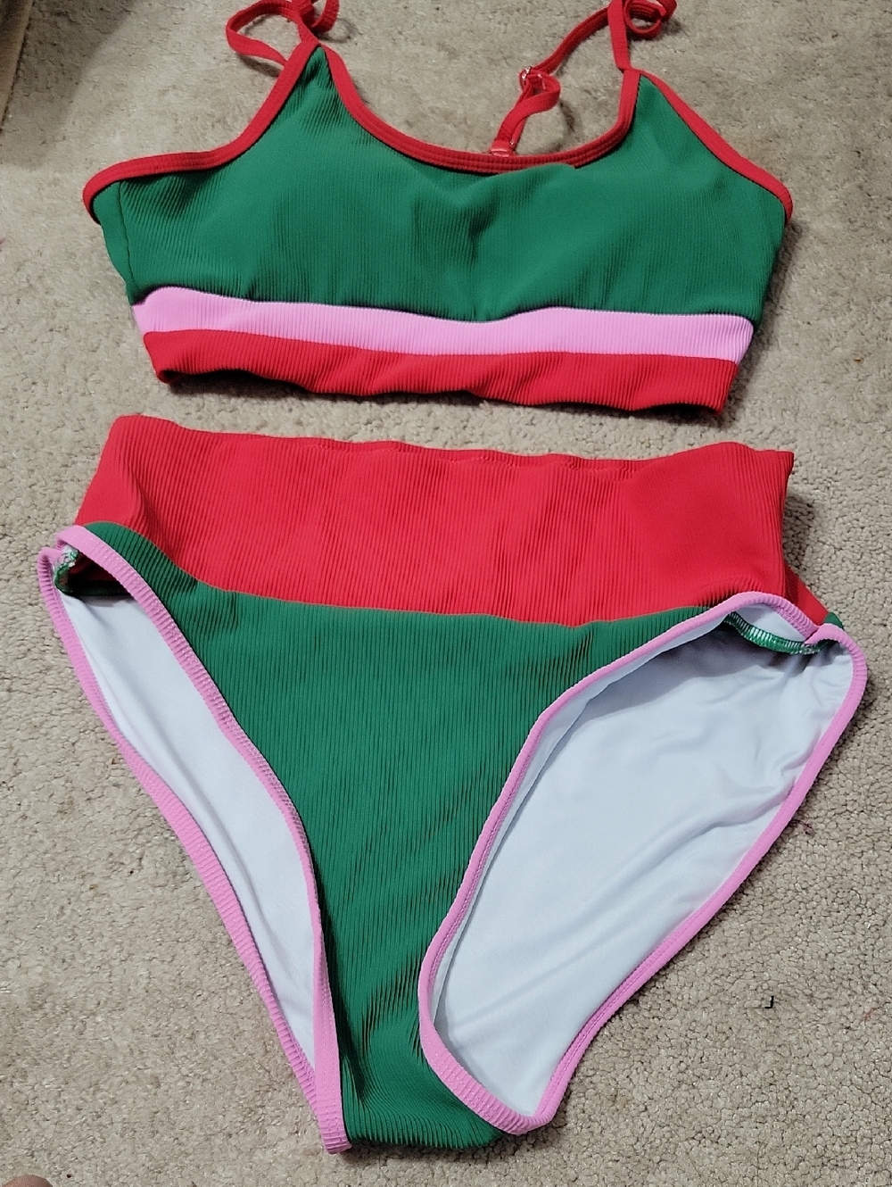 Swim Suit Green and Red Two-Piece  Ribbed Bikini with Pink Trim